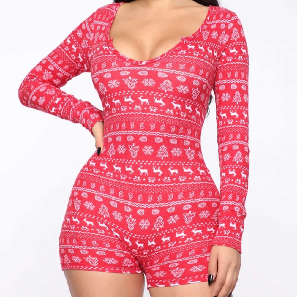 Fashion Nova Holiday Waffle Knit Romper - Red